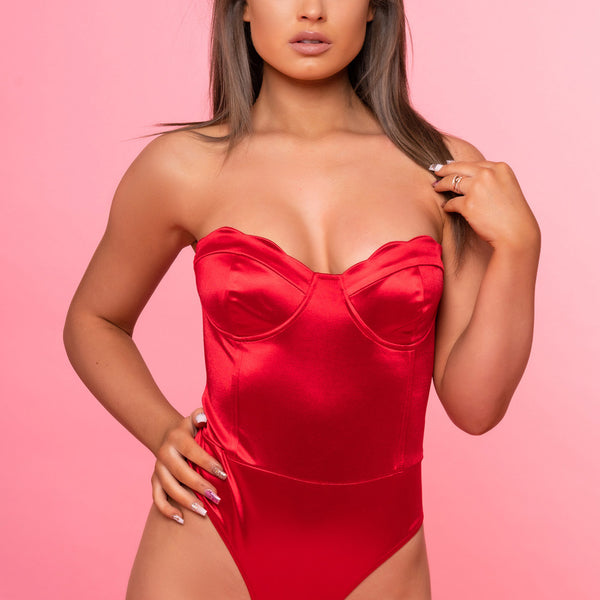 Ruched Bustier Bodysuit - Red